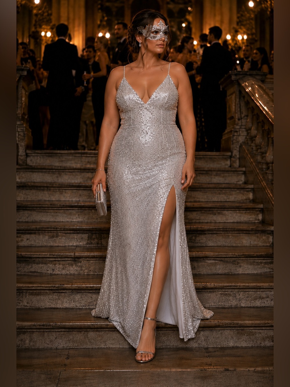 ✨ BUNDLE Silver White Sequin Cocktail Dress + Mask Masquerade Fantasy Size 12-14